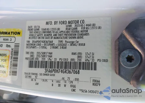 2016 Ford Fusion Se z USA, uszkodzony, nr VIN 3FA6P0H74GR367068